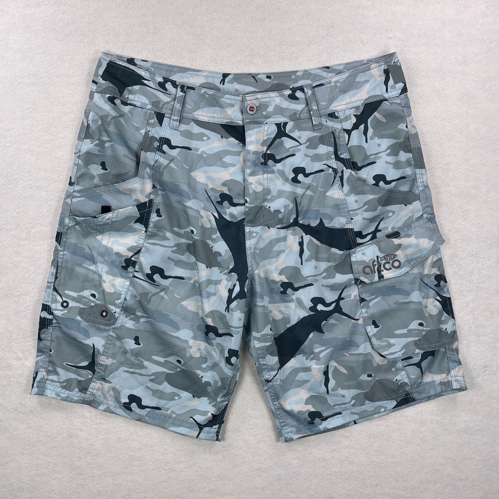 AFTCO Mens Blue Camo Marlin Print Fishing Shorts Size 36 Lightweight Cargo